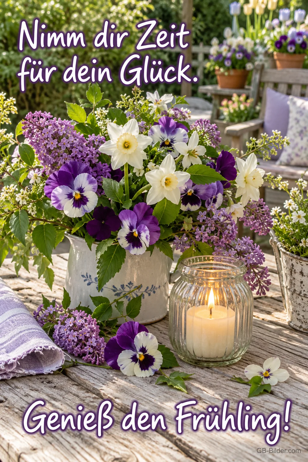 Stiefmütterchen, Flieder und Windlicht auf einem Gartentisch, Text: Nimm dir Zeit für dein Glück. – Genieß den Frühling!