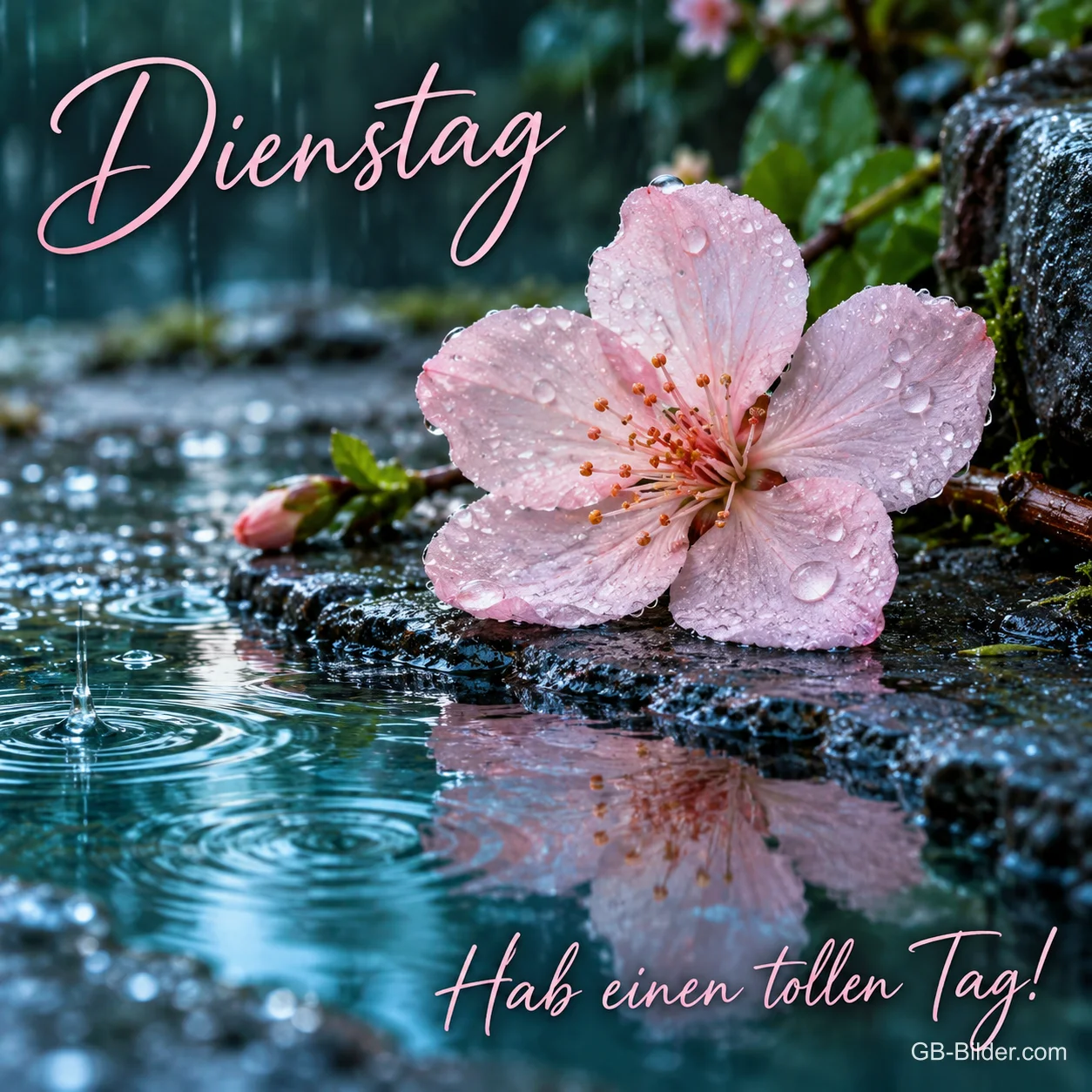Rosa Blüte liegt in einer Regenpfütze, Text: Dienstag – Hab einen tollen Tag! Rosa Blüte liegt in einer Regenpfütze, Text: Dienstag – Hab einen tollen Tag!