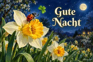 Marienkäfer mit Kleeblatt auf einer Narzisse unter dem Vollmond, Text: Gute Nacht