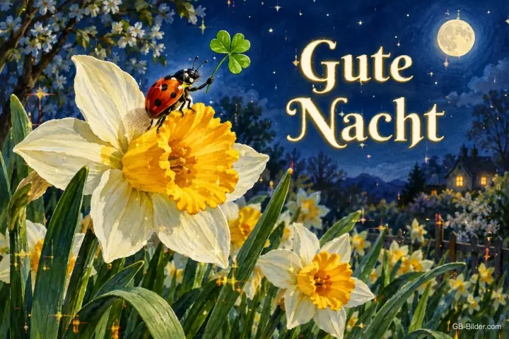 Marienkäfer mit Kleeblatt auf einer Narzisse unter dem Vollmond, Text: Gute Nacht
