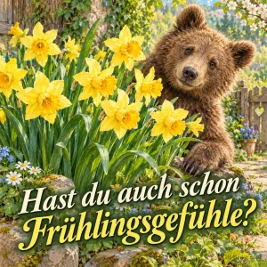 Bärenjunges schaut aus einem Narzissenbeet, Text: Hast du auch schon Frühlingsgefühle?