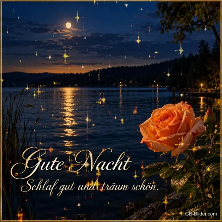 Orange Rose am See unter dem Vollmond, Text: Gute Nacht – Schlaf gut und träum schön. Orange Rose am See unter dem Vollmond, Text: Gute Nacht – Schlaf gut und träum schön.