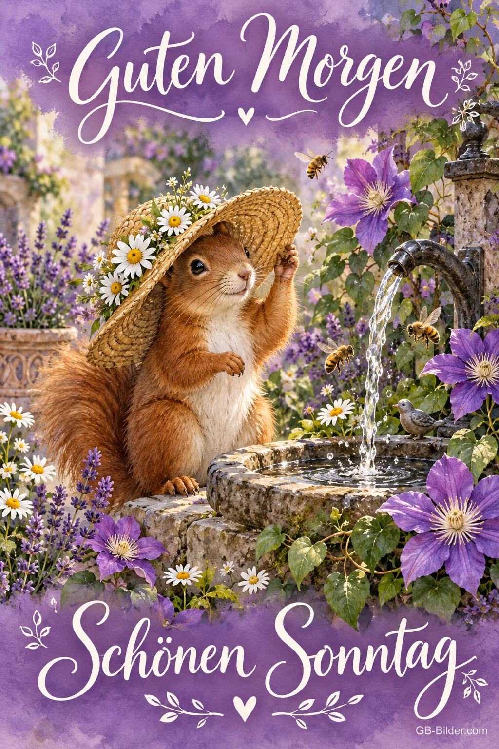 Eichhörnchen mit Strohhut sitzt an einem Brunnen zwischen Clematis, Text: Guten Morgen – Schönen Sonntag