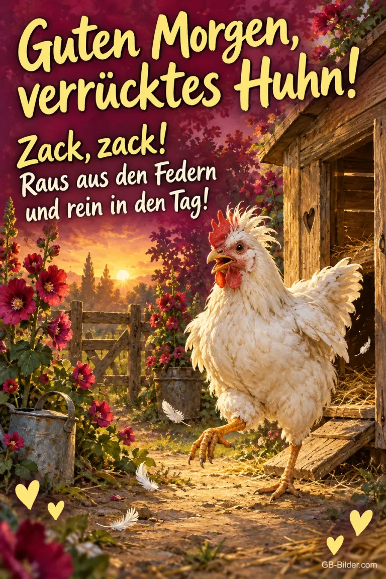 Weißes Huhn rennt aus dem Hühnerstall im Morgenlicht, Text: Guten Morgen, verrücktes Huhn! Zack, zack! Raus aus den Federn und rein in den Tag!