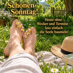 Nackte Füße mit Gänseblümchen zwischen den Zehen auf der Wiese, Text: Schönen Sonntag! Heute ohne Wecker und Termine – lass einfach die Seele baumeln!