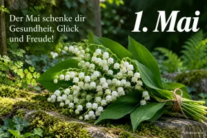 Maiglöckchenstrauß auf einem moosigen Stein, Text: 1. Mai – Der Mai schenke dir Gesundheit, Glück und Freude!