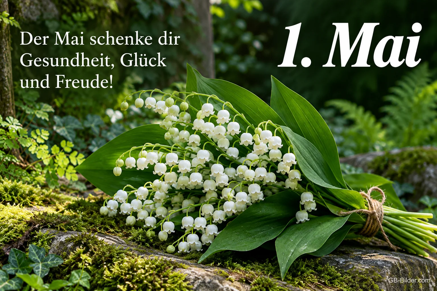 Maiglöckchenstrauß auf einem moosigen Stein, Text: 1. Mai – Der Mai schenke dir Gesundheit, Glück und Freude! Maiglöckchenstrauß auf einem moosigen Stein, Text: 1. Mai – Der Mai schenke dir Gesundheit, Glück und Freude!