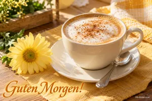 Cappuccino mit Zimt neben einer gelben Blume, Text: Guten Morgen!