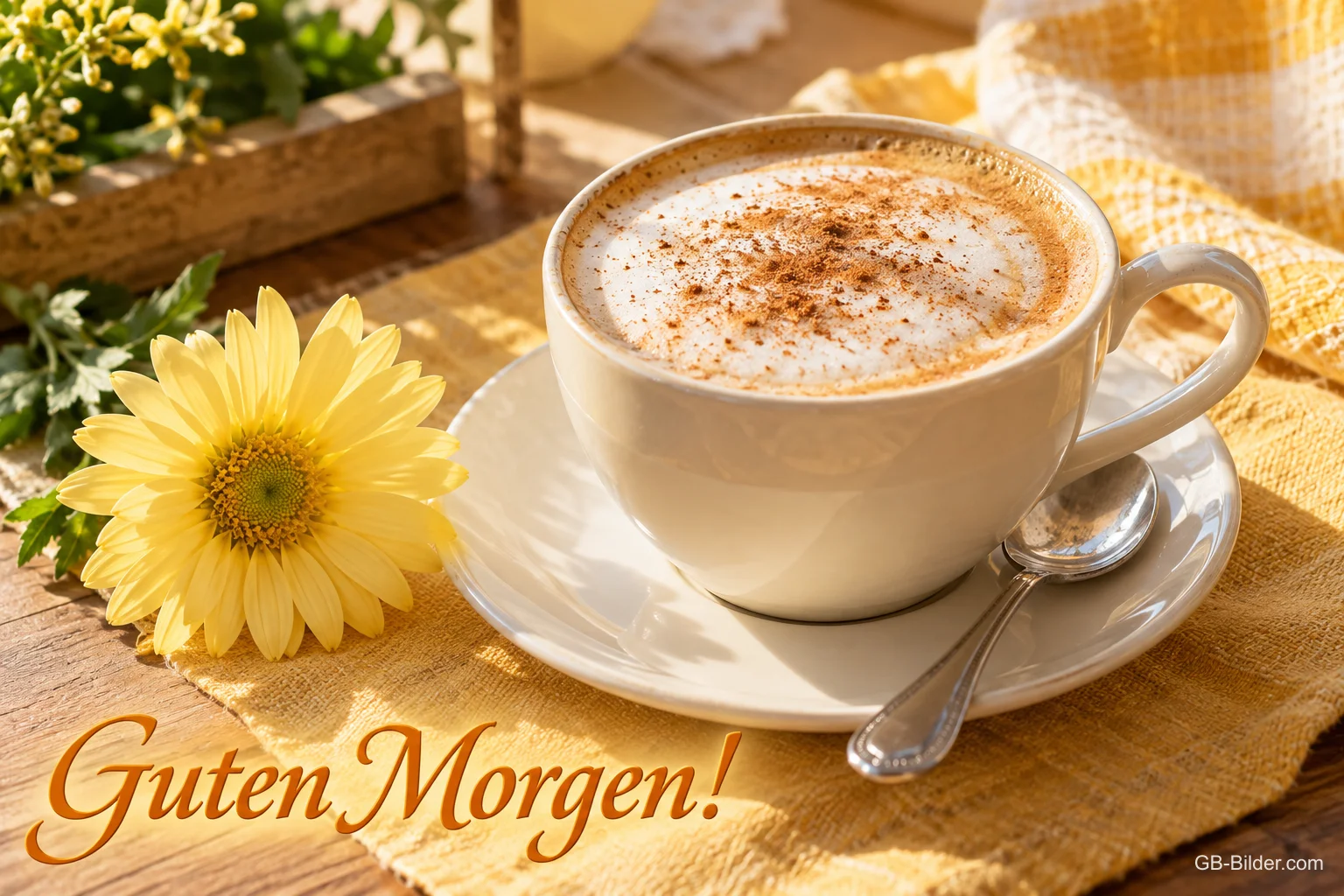 Cappuccino mit Zimt neben einer gelben Blume, Text: Guten Morgen! Cappuccino mit Zimt neben einer gelben Blume, Text: Guten Morgen!