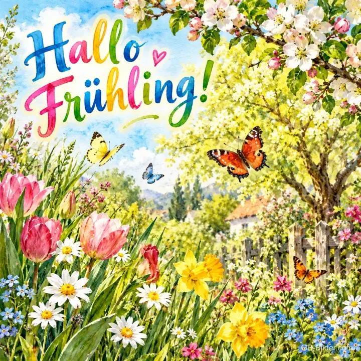 Tulpen, Narzissen und Schmetterlinge unter Blütenbäumen, Text: Hallo Frühling!
