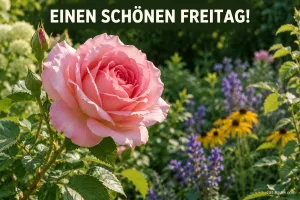 Rosa Rose im Sommergarten, Text: EINEN SCHÖNEN FREITAG!