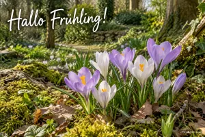 Lila und weiße Krokusse im Waldboden, Text: Hallo Frühling!