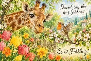 Giraffe schaut einem Rotkehlchen auf einem Blütenzweig zu, Text: Du, ich sag dir was Schönes: – Es ist Frühling!