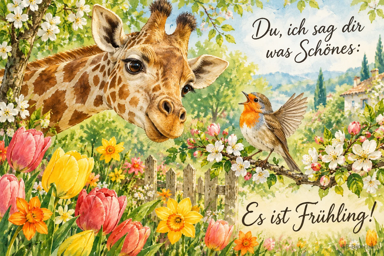 Giraffe schaut einem Rotkehlchen auf einem Blütenzweig zu, Text: Du, ich sag dir was Schönes: – Es ist Frühling!