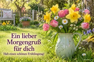 Krug mit Tulpen, Narzissen und Margeriten im Garten, Text: Ein lieber Morgengruß für dich – Hab einen schönen Frühlingstag!