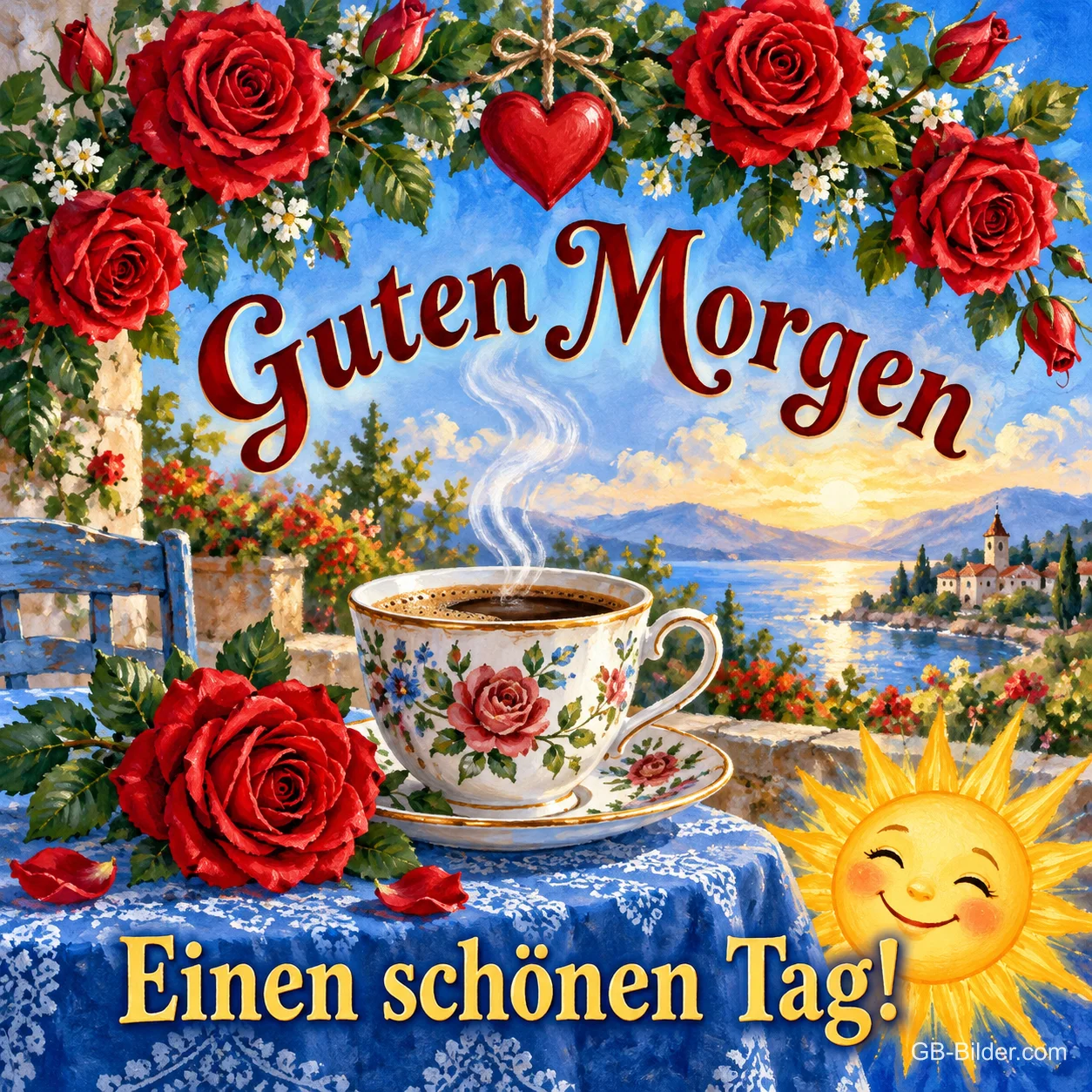 Teetasse zwischen roten Rosen am See, daneben eine lachende Sonne, Text: Guten Morgen – Einen schönen Tag!