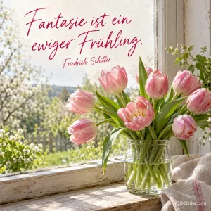 Rosa Tulpen in einem Glas am Fenster, Text: Fantasie ist ein ewiger Frühling. – – Friedrich Schiller