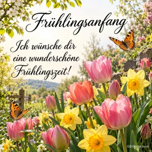 Tulpen, Narzissen und Schmetterlinge im Garten, Text: Frühlingsanfang – Ich wünsche dir eine wunderschöne Frühlingszeit!