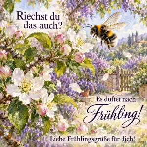 Hummel fliegt zwischen Apfelblüten und Flieder, Text: Riechst du das auch? – Es duftet nach Frühling! Liebe Frühlingsgrüße für dich!