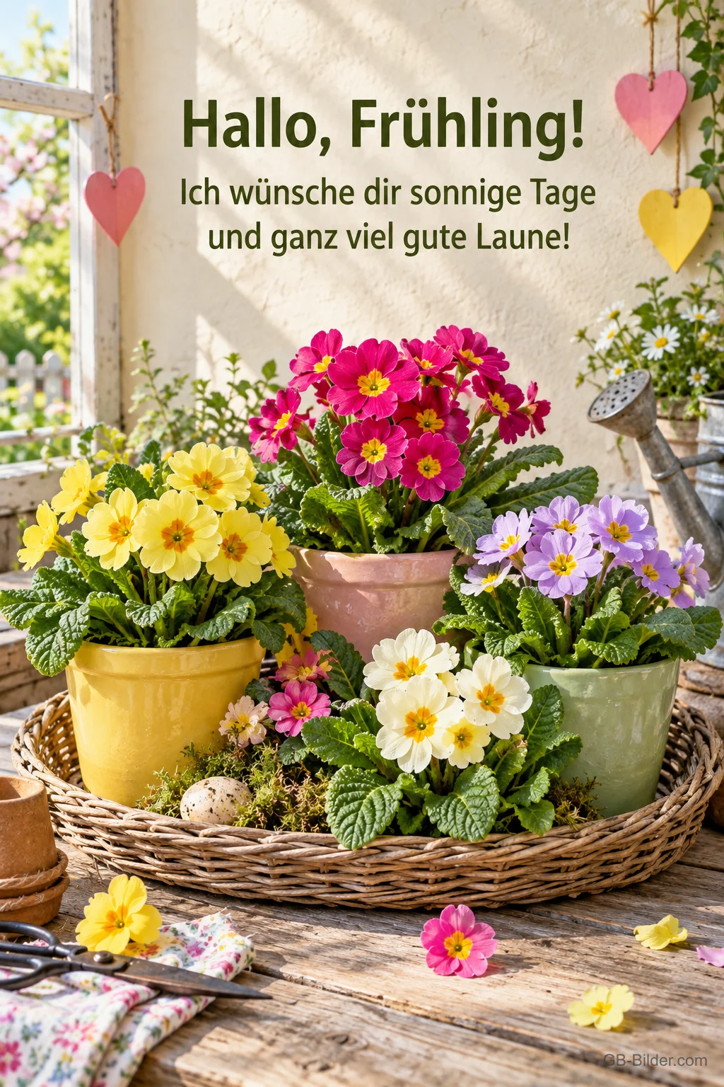 Bunte Primeln in Töpfen auf einem Korbtablett, Text: Hallo, Frühling! – Ich wünsche dir sonnige Tage und ganz viel gute Laune!