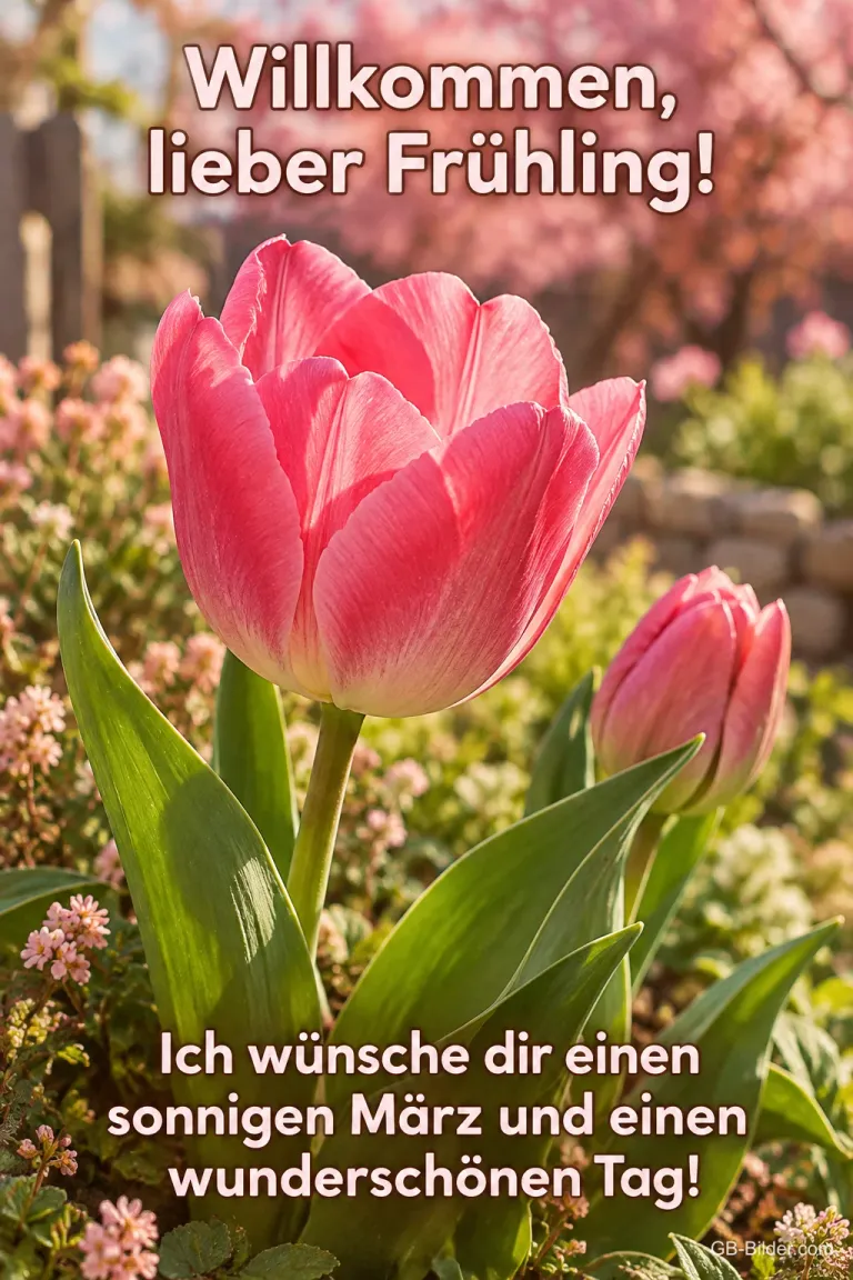 Rosa Tulpe im Frühlingsgarten, Text: Willkommen, lieber Frühling! – Ich wünsche dir einen sonnigen März und einen wunderschönen Tag!