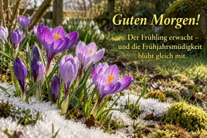 Lila Krokusse wachsen durch den schmelzenden Schnee, Text: Guten Morgen! – Der Frühling erwacht – und die Frühjahrsmüdigkeit blüht gleich mit.