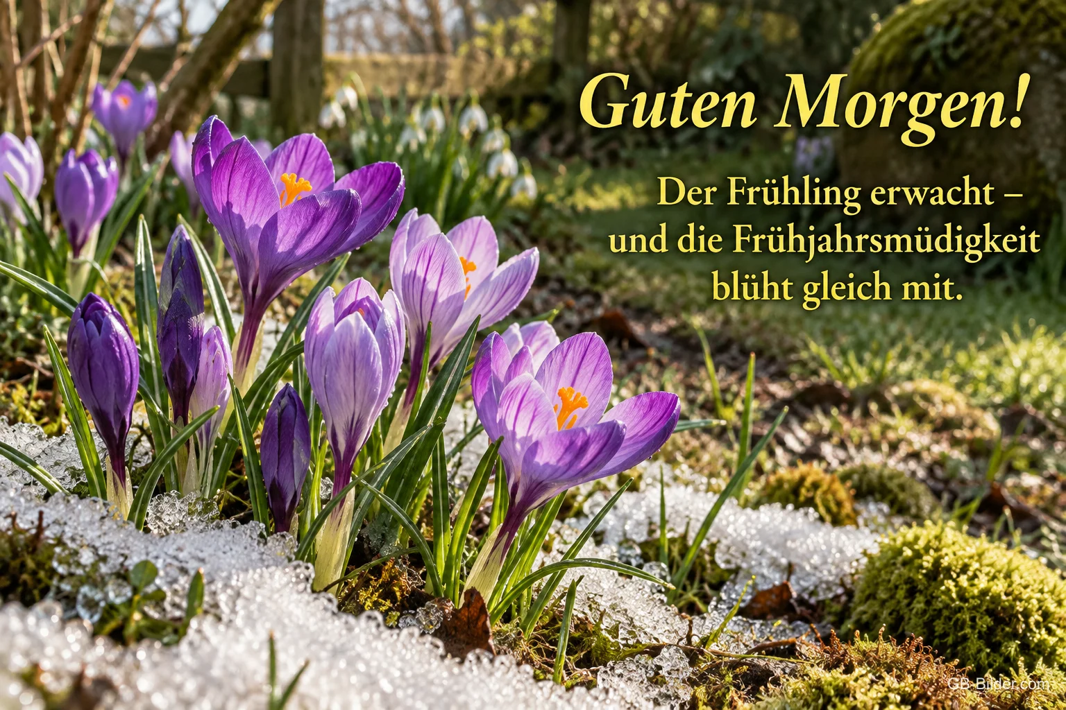 Lila Krokusse wachsen durch den schmelzenden Schnee, Text: Guten Morgen! – Der Frühling erwacht – und die Frühjahrsmüdigkeit blüht gleich mit. Lila Krokusse wachsen durch den schmelzenden Schnee, Text: Guten Morgen! – Der Frühling erwacht – und die Frühjahrsmüdigkeit blüht gleich mit.