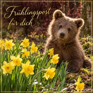 Bärenjunges sitzt zwischen gelben Narzissen, Text: Frühlingspost – für dich