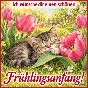 Getigertes Kätzchen schläft zwischen rosa Tulpen, Text: Ich wünsche dir einen schönen – Frühlingsanfang!