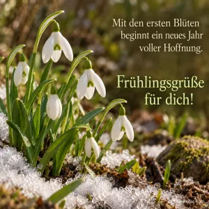 Schneeglöckchen im schmelzenden Schnee, Text: Mit den ersten Blüten beginnt ein neues Jahr voller Hoffnung. – Frühlingsgrüße für dich!