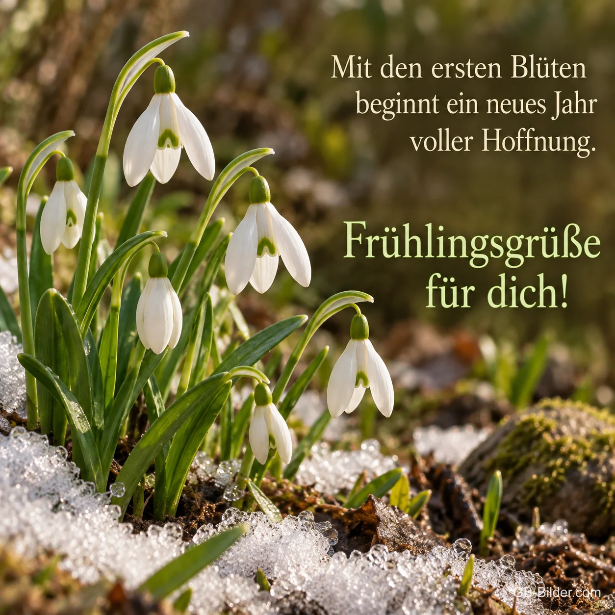 Schneeglöckchen im schmelzenden Schnee, Text: Mit den ersten Blüten beginnt ein neues Jahr voller Hoffnung. – Frühlingsgrüße für dich!