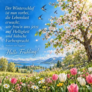 Blühender Baum über einer Tulpenwiese mit Schwalben, Text: Der Winterschlaf ist nun vorbei, die Lebenslust erwacht; wir freu'n uns jetzt auf Helligkeit und hübsche Farbenpracht – Norbert van Tiggelen – Hallo Frühling!