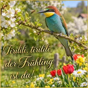 Bienenfresser auf einem blühenden Zweig über Tulpen, Text: Tirilili, tirilili, – der Frühling ist da!