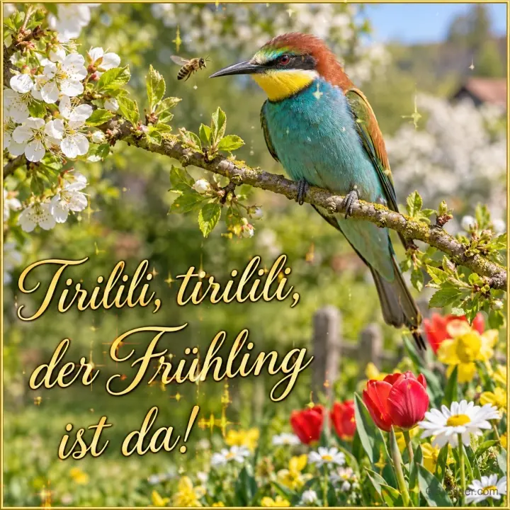 Bienenfresser auf einem blühenden Zweig über Tulpen, Text: Tirilili, tirilili, – der Frühling ist da!