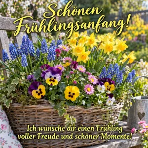 Korb mit Narzissen, Stiefmütterchen und Traubenhyazinthen, Text: Schönen Frühlingsanfang! – Ich wünsche dir einen Frühling voller Freude und schöner Momente!