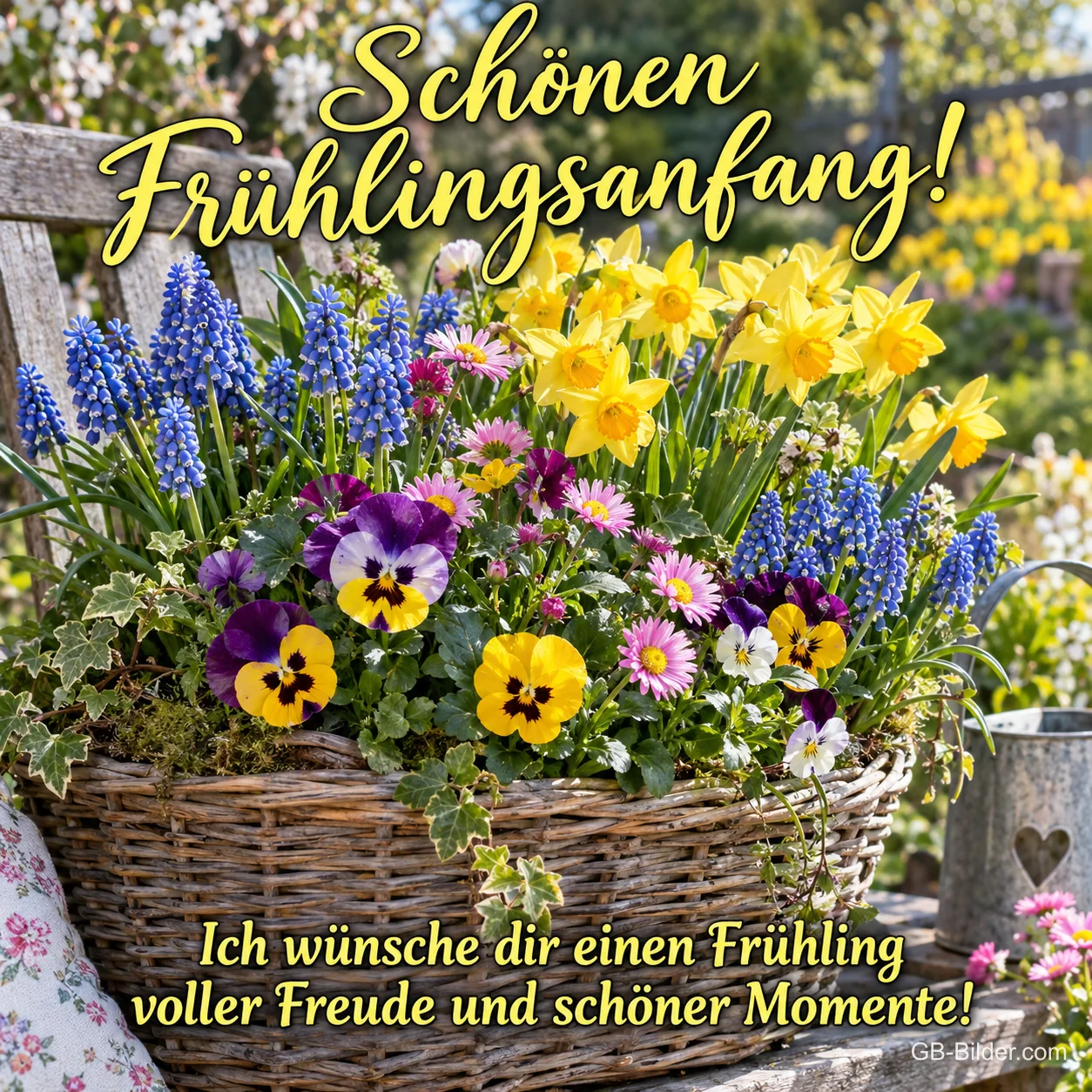 Korb mit Narzissen, Stiefmütterchen und Traubenhyazinthen, Text: Schönen Frühlingsanfang! – Ich wünsche dir einen Frühling voller Freude und schöner Momente!