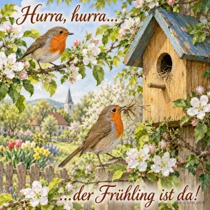 Zwei Rotkehlchen an einem Vogelhaus zwischen Apfelblüten, Text: Hurra, hurra … – … der Frühling ist da!