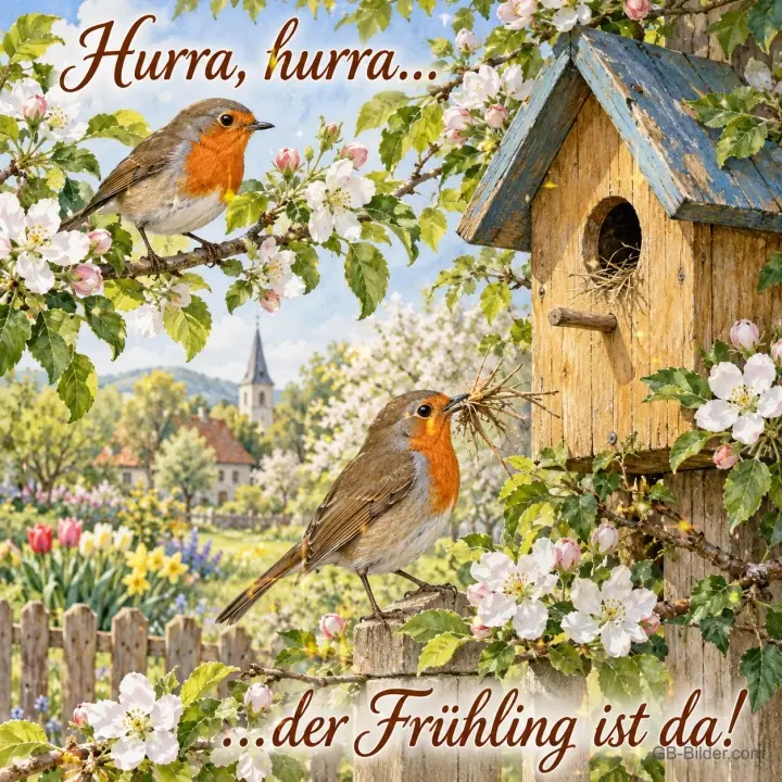 Zwei Rotkehlchen an einem Vogelhaus zwischen Apfelblüten, Text: Hurra, hurra … – … der Frühling ist da!
