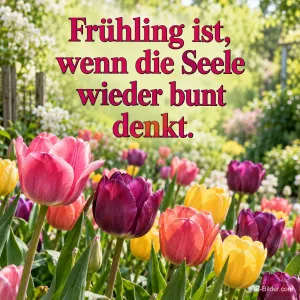 Bunte Tulpen in einem Frühlingsgarten, Text: Frühling ist, wenn die Seele wieder bunt denkt.