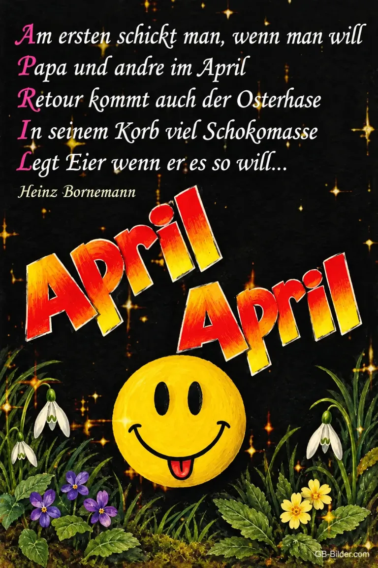 Lachender Smiley mit Zunge zwischen Frühlingsblumen, Text: Am ersten schickt man, wenn man will, Papa und andre im April. Retour kommt auch der Osterhase, in seinem Korb viel Schokomasse, legt Eier wenn er es so will… April April – Heinz Bornemann