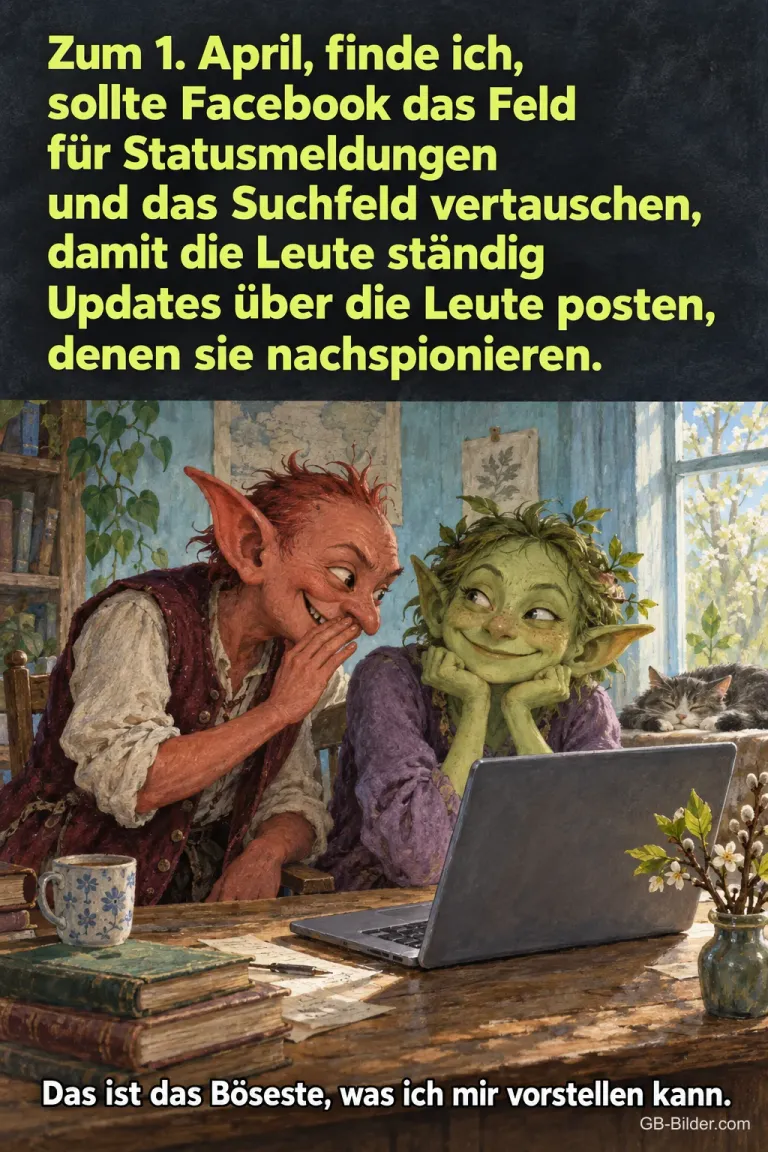 Zwei Kobolde vor einem Laptop, lustiger Spruch zum 1. April