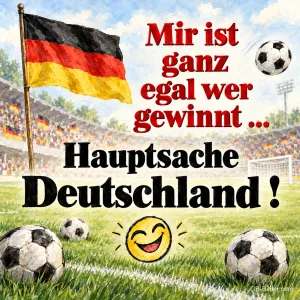 Deutschlandfahne und Fußbälle im Stadion, Text: Mir ist ganz egal wer gewinnt … Hauptsache Deutschland!