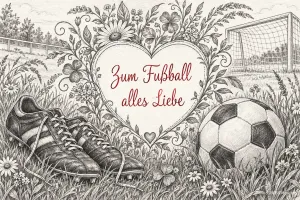 Gezeichnete Fußballschuhe und Ball in einem Herzrahmen, Text: Zum Fußball alles Liebe