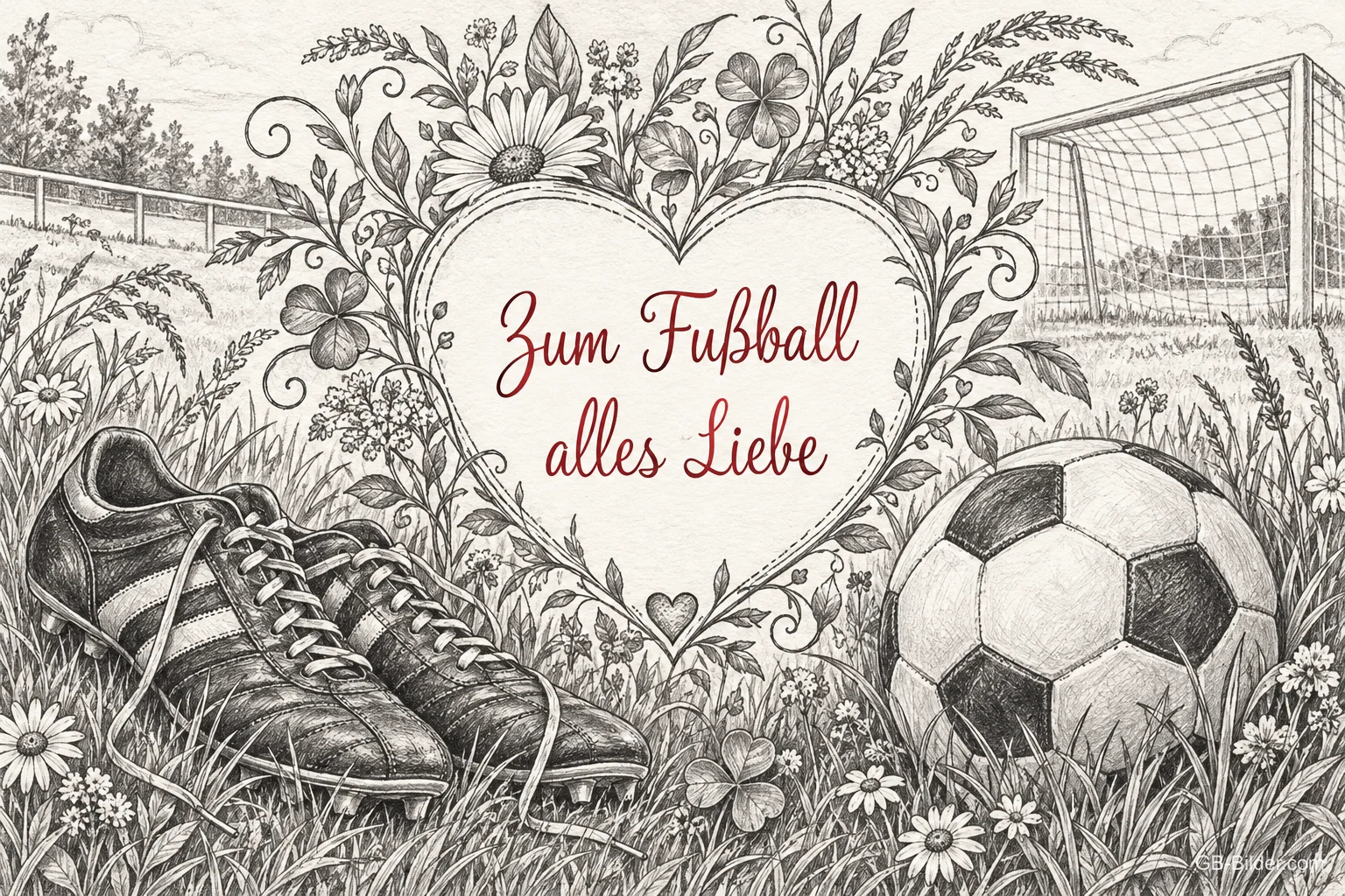 Gezeichnete Fußballschuhe und Ball in einem Herzrahmen, Text: Zum Fußball alles Liebe Gezeichnete Fußballschuhe und Ball in einem Herzrahmen, Text: Zum Fußball alles Liebe