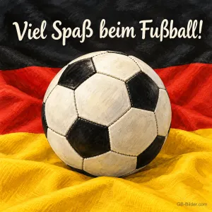 Fußball auf einer Deutschlandfahne, Text: Viel Spaß beim Fußball!