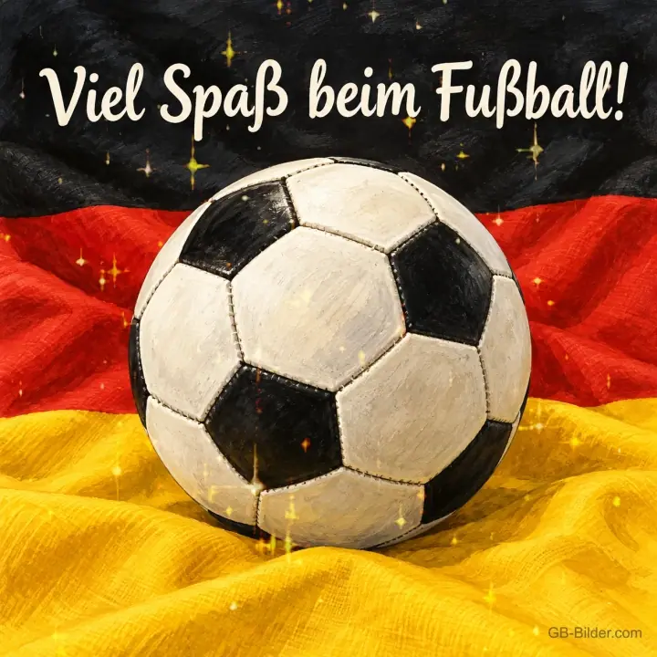 Fußball auf einer Deutschlandfahne, Text: Viel Spaß beim Fußball! Fußball auf einer Deutschlandfahne, Text: Viel Spaß beim Fußball!