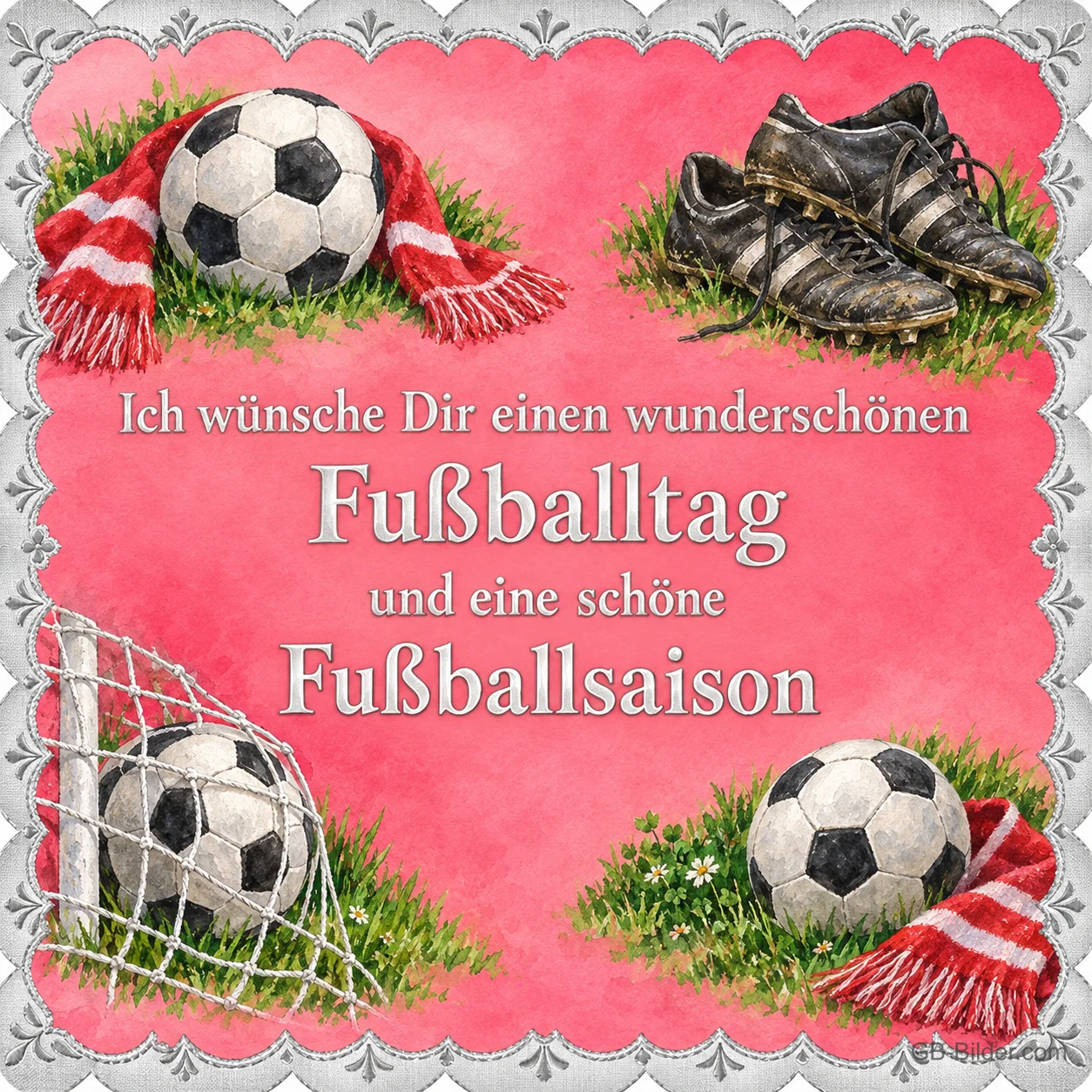 Fußbälle, Schuhe und Fanschal auf rosa Grund, Text: Ich wünsche Dir einen wunderschönen Fußballtag und eine schöne Fußballsaison Fußbälle, Schuhe und Fanschal auf rosa Grund, Text: Ich wünsche Dir einen wunderschönen Fußballtag und eine schöne Fußballsaison