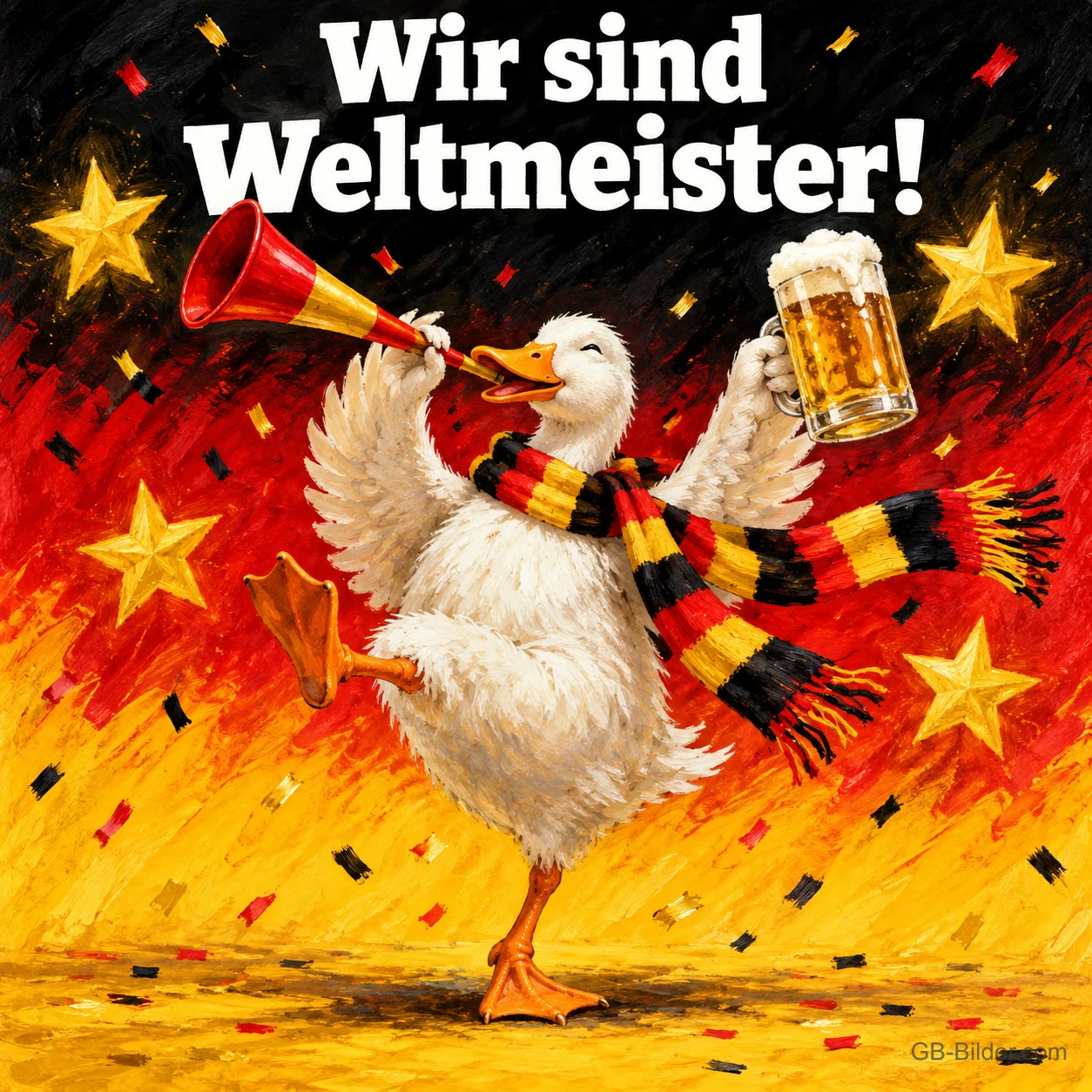 Ente mit Schwarz-Rot-Gold-Schal, Tröte und Bierkrug tanzt zwischen Sternen, Text: Wir sind Weltmeister! Ente mit Schwarz-Rot-Gold-Schal, Tröte und Bierkrug tanzt zwischen Sternen, Text: Wir sind Weltmeister!