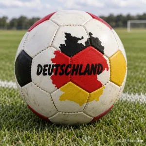 Fußball mit Deutschlandkarte auf dem Rasen, Text: Deutschland