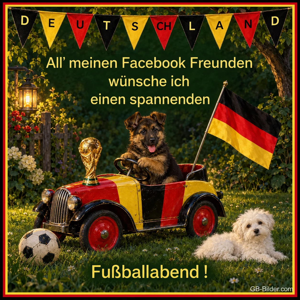 Welpe im Spielzeugauto mit Deutschlandfahne, Text: einen spannenden Fußballabend! Welpe im Spielzeugauto mit Deutschlandfahne, Text: einen spannenden Fußballabend!